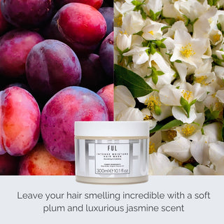 Candle with plum and jasmine scents surrounded by plums and flowers