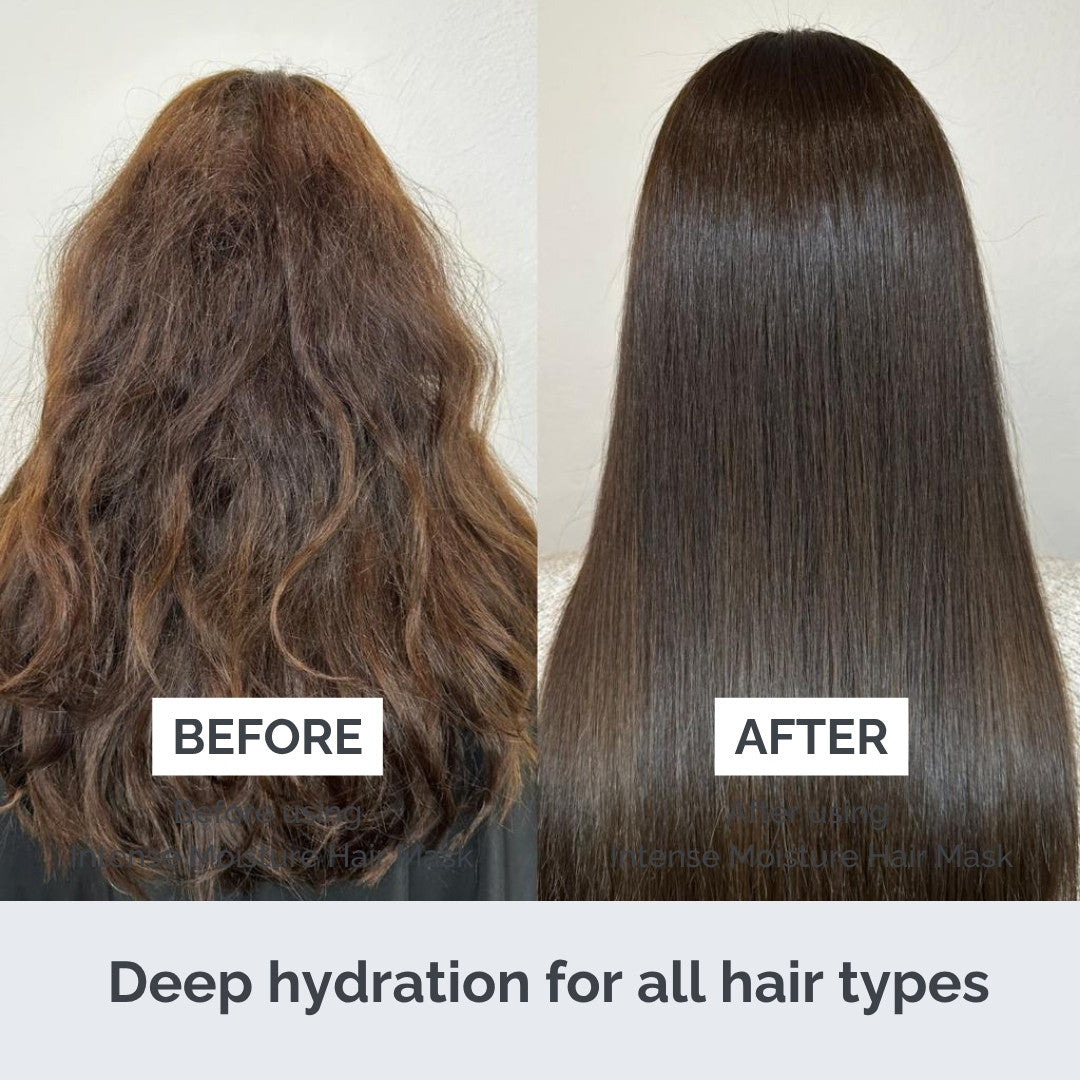 Before and after comparison of hair with deep hydration treatment, showing a significant improvement in hair health.
