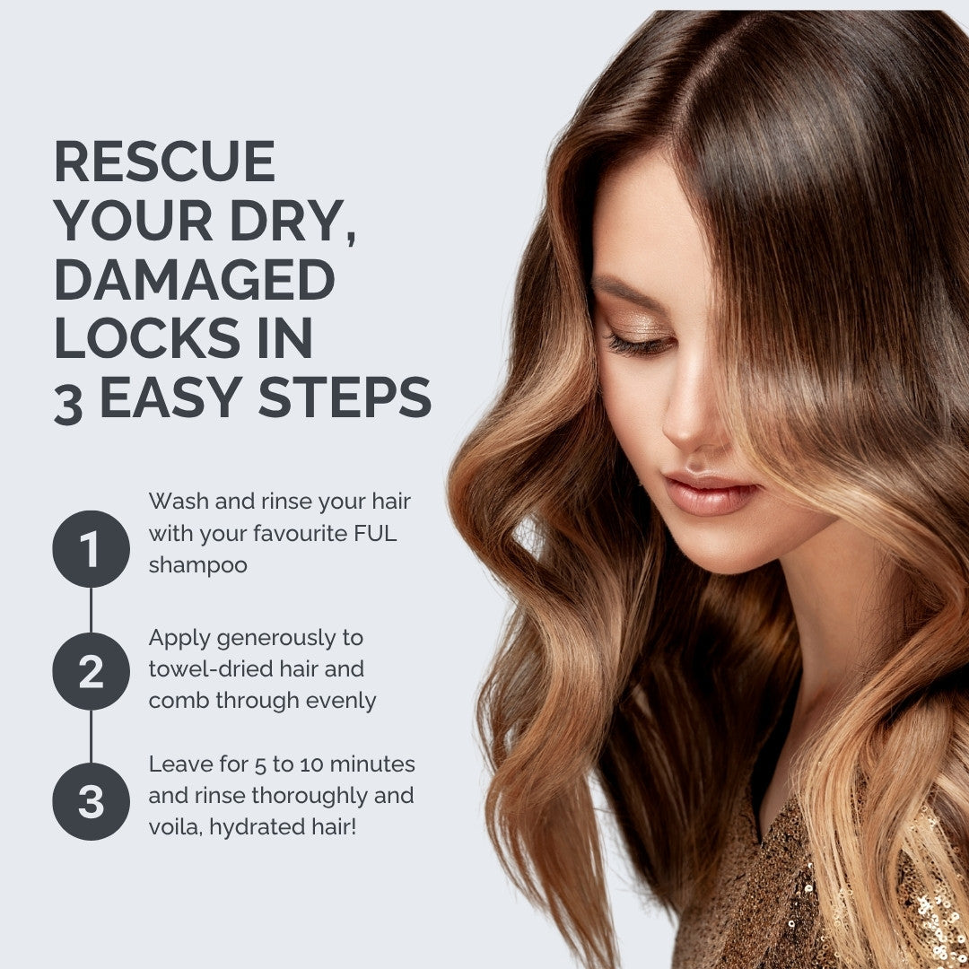 Woman with styled hair and hair care instructions on a light gray background