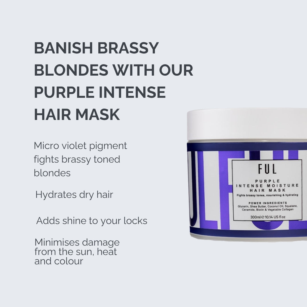 Purple intense hair mask with text on a light gray background