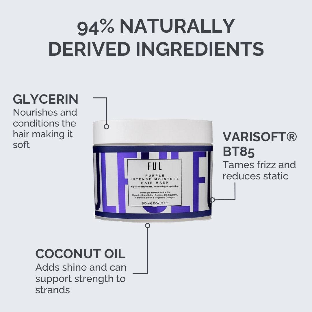 Purple hair mask jar with ingredient labels on a white background