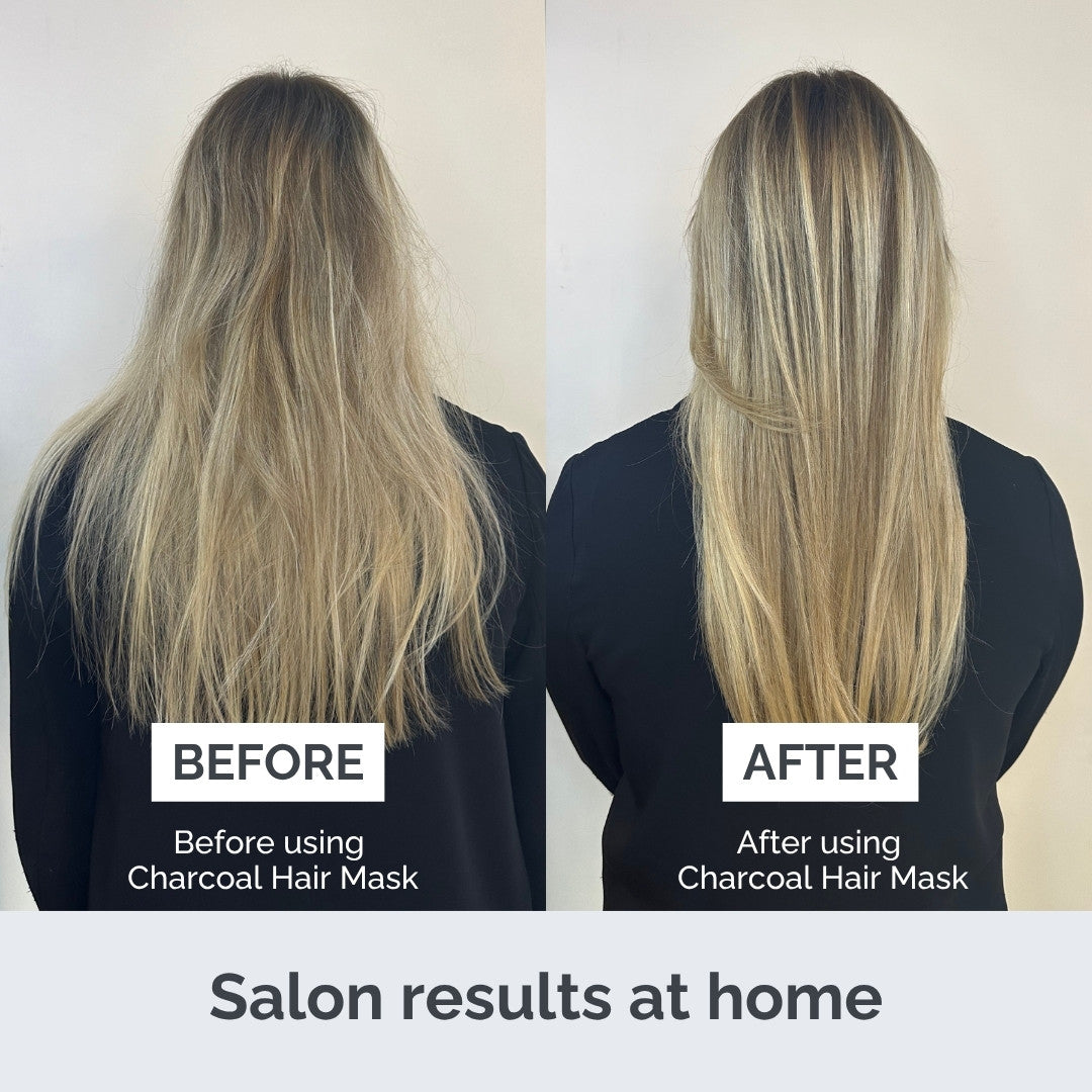 Before and after comparison of hair using a charcoal hair mask, showing salon-like results at home.