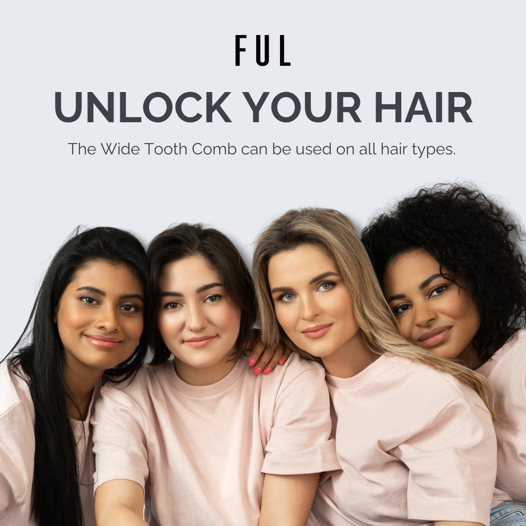 Four women with different hair types posing together, promoting a wide tooth comb.
