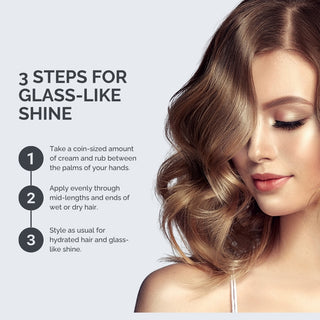Woman with styled hair and instructions for achieving glass-like shine on a light gray background