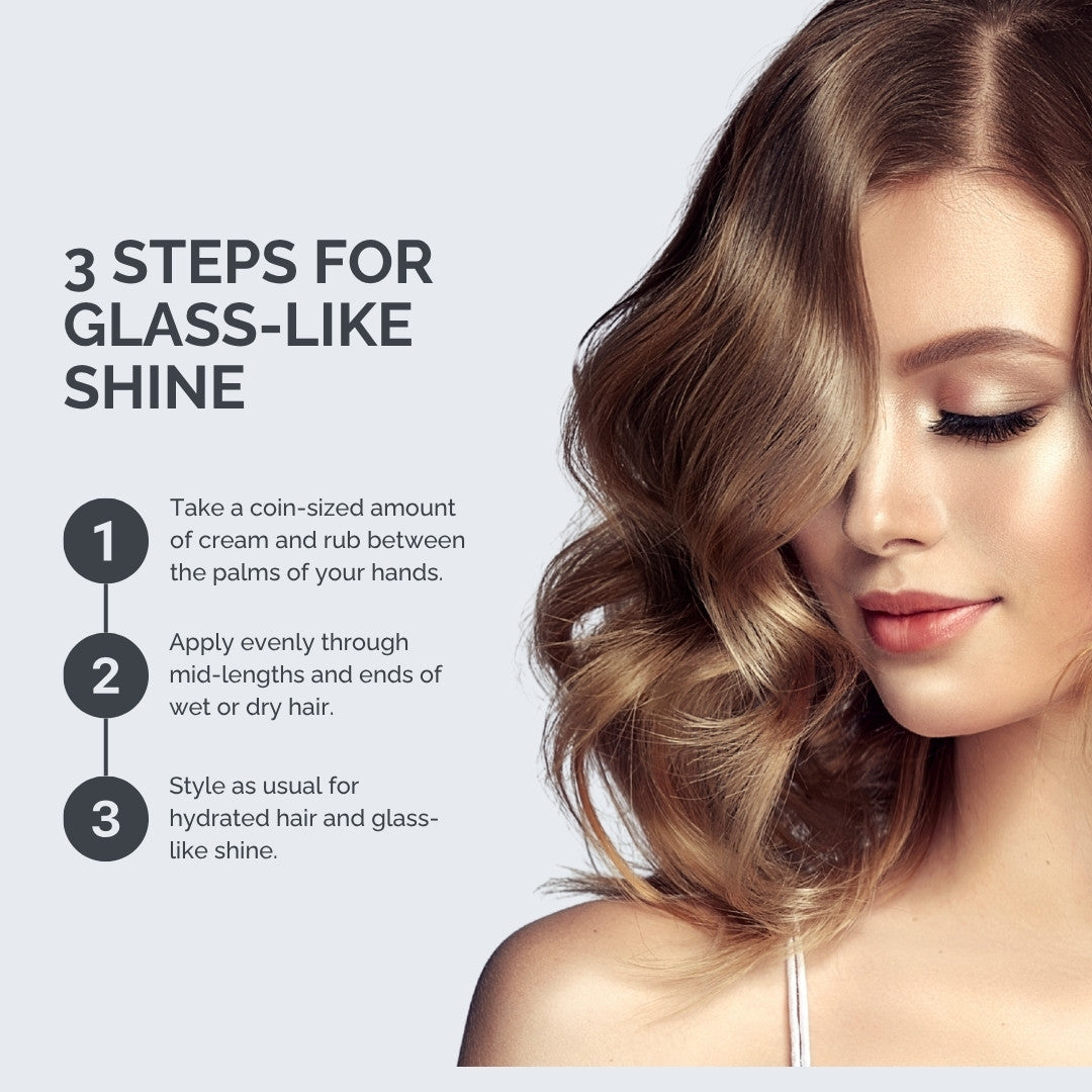 Woman with styled hair and instructions for achieving glass-like shine on a light gray background