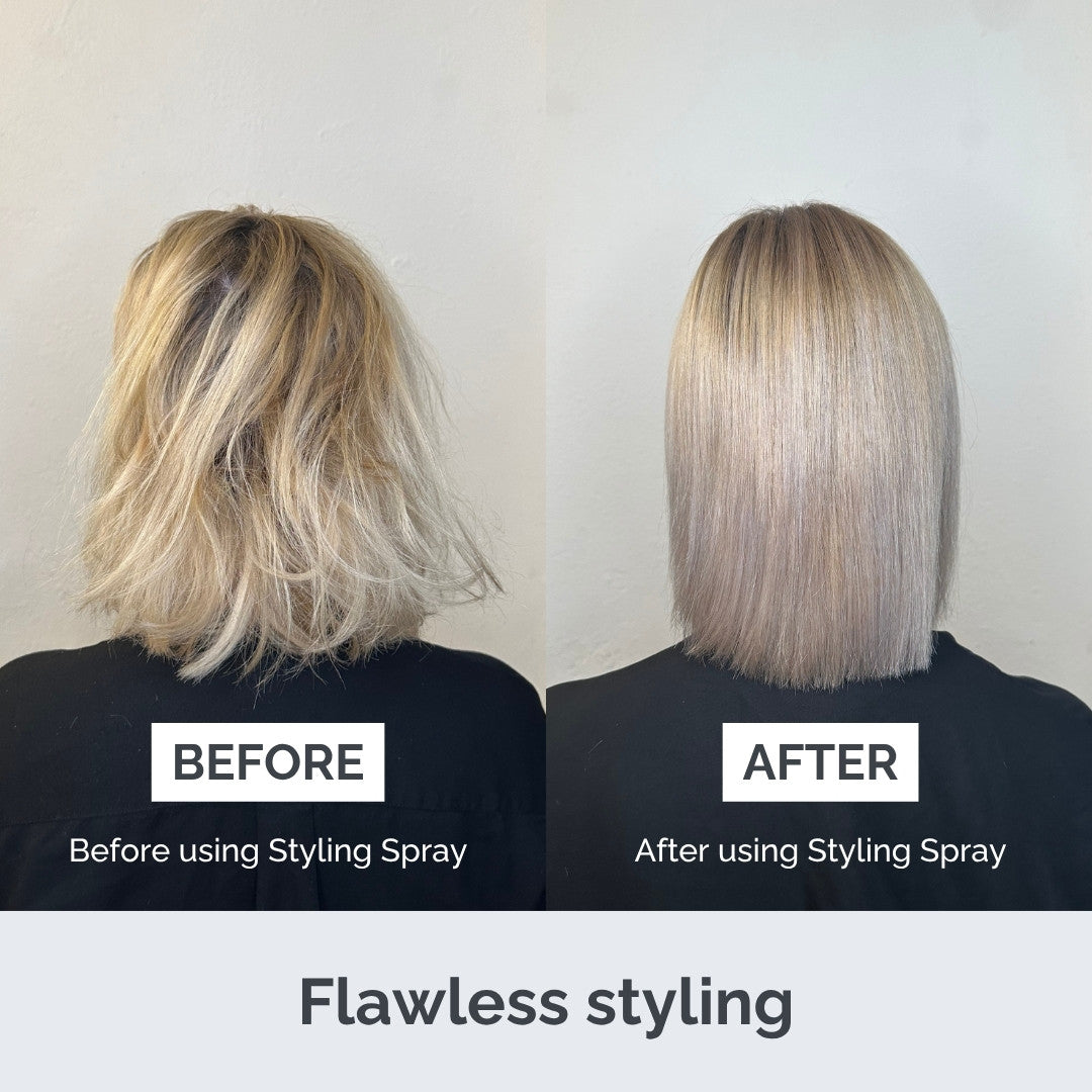 Before and after comparison of hair using a styling spray on a plain background.