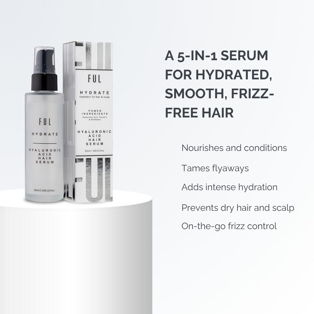 FUL Hyaluronic Acid Hair Serum with packaging on a white background