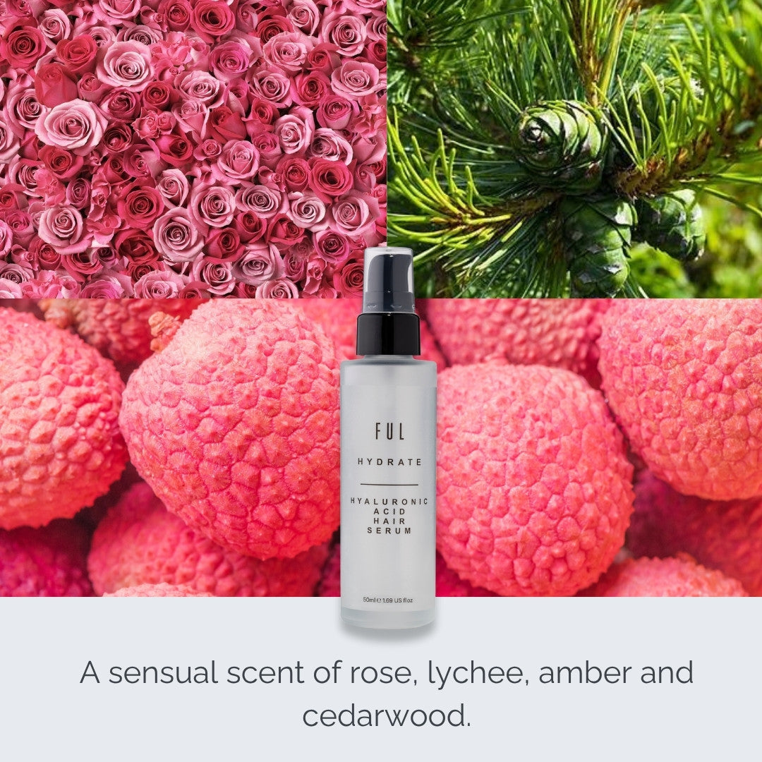 Ful skincare serum bottle with pink flowers and green leaves in the background