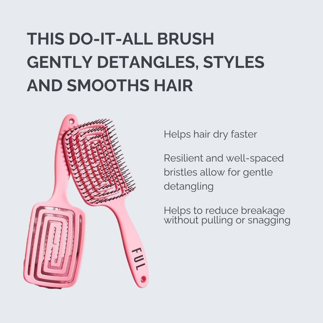Pink hairbrush with text describing its features on a light gray background