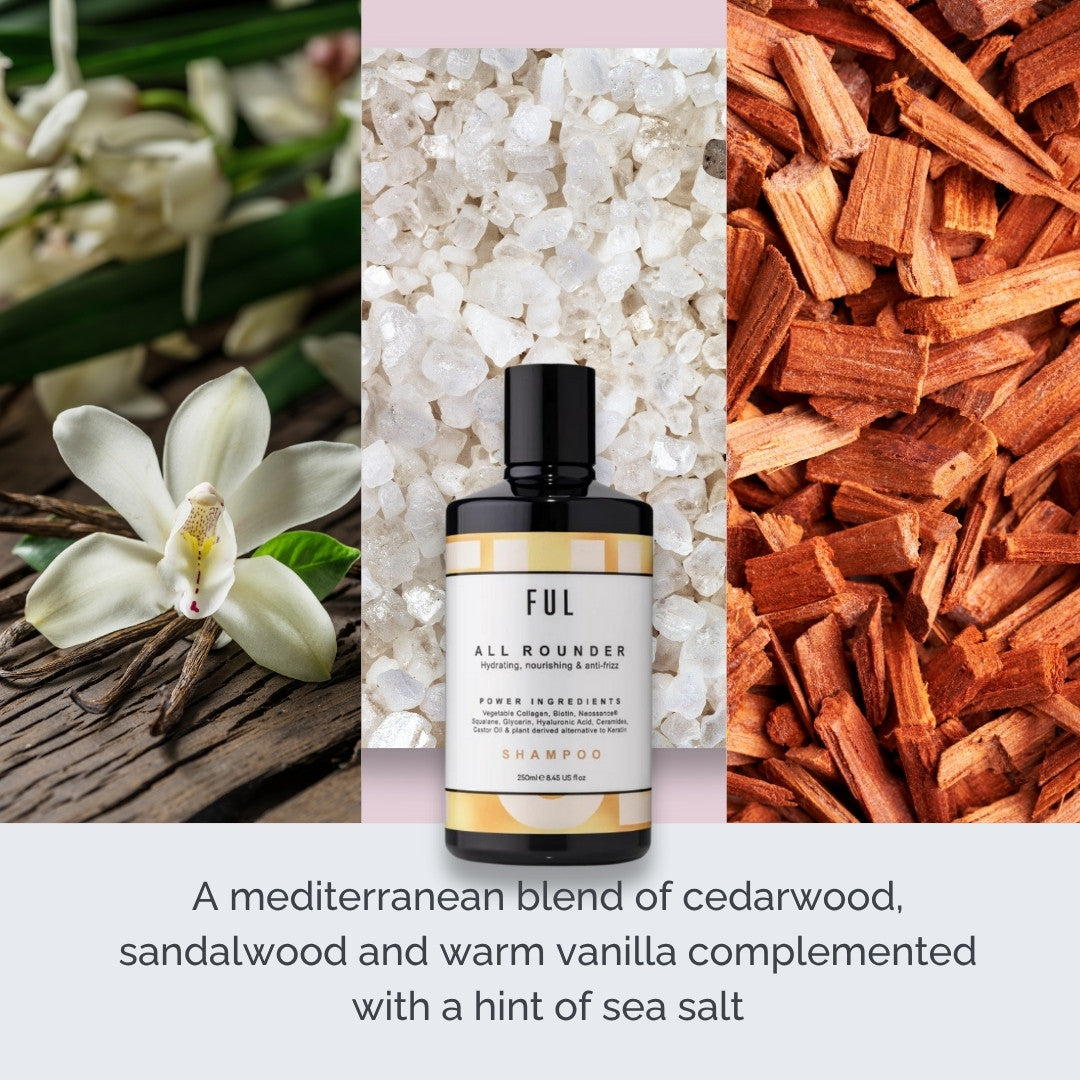 Ful All Rounder shampoo bottle with natural elements like flowers, stones, and wood.