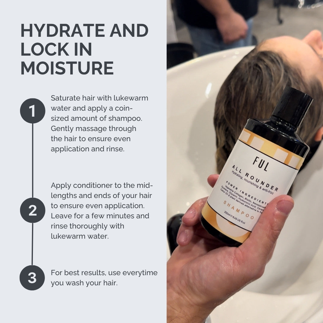 Person holding a bottle of FUL shampoo with hair care instructions on the side.