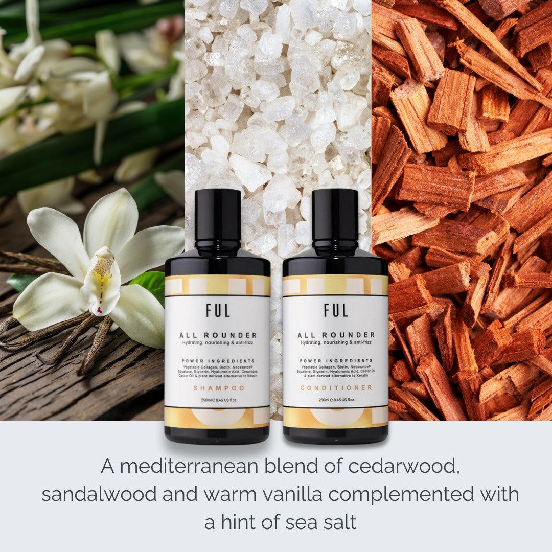 FUL All Rounder shampoo and conditioner bottles with natural elements like flowers, stones, and wood.