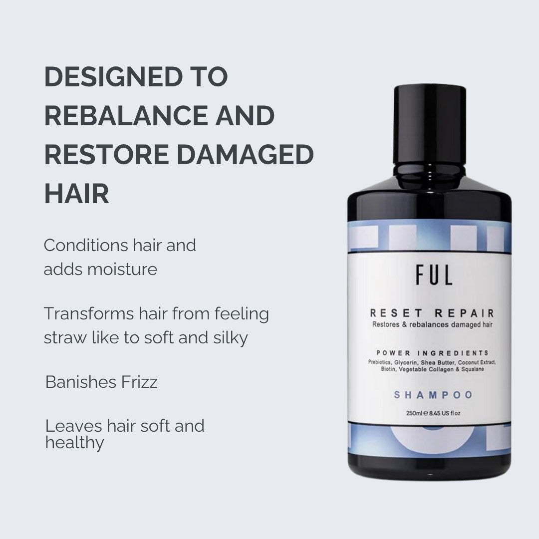 FUL Reset Repair shampoo bottle with text on a light gray background