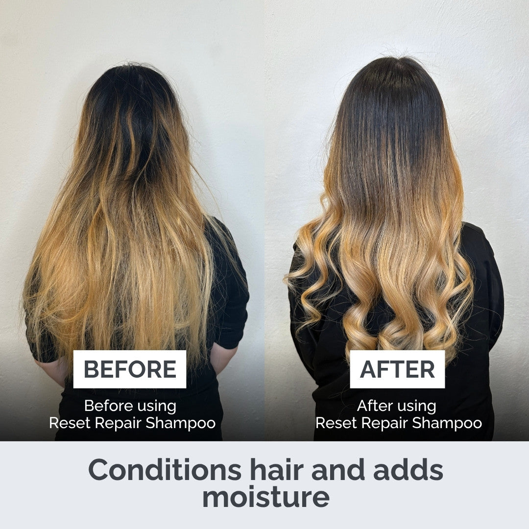 Before and after comparison of hair using Reset Repair Shampoo on a plain background.