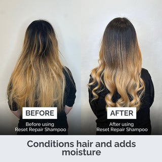 Before and after comparison of hair using Reset Repair Shampoo on a plain background.