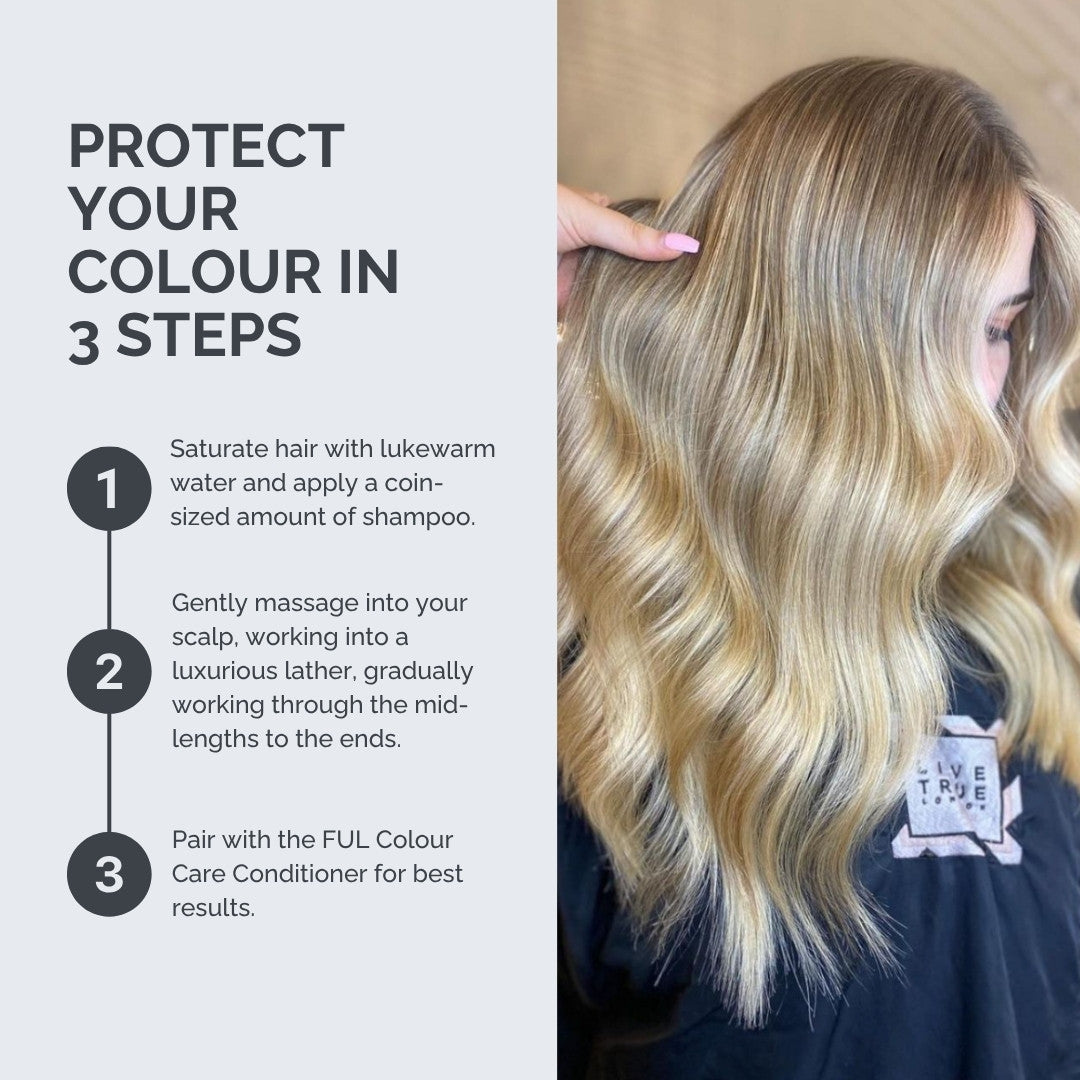 Hair care instructions for protecting hair color with a photo of blonde hair.