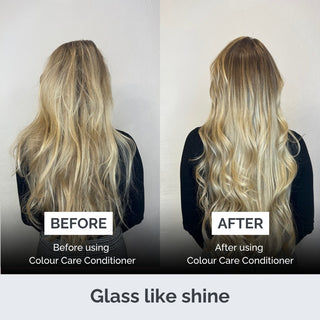 Before and after comparison of hair using Colour Care Conditioner with a plain background.