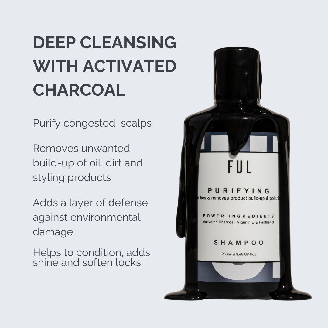 Black shampoo bottle with white label on a light gray background, featuring text about activated charcoal shampoo.