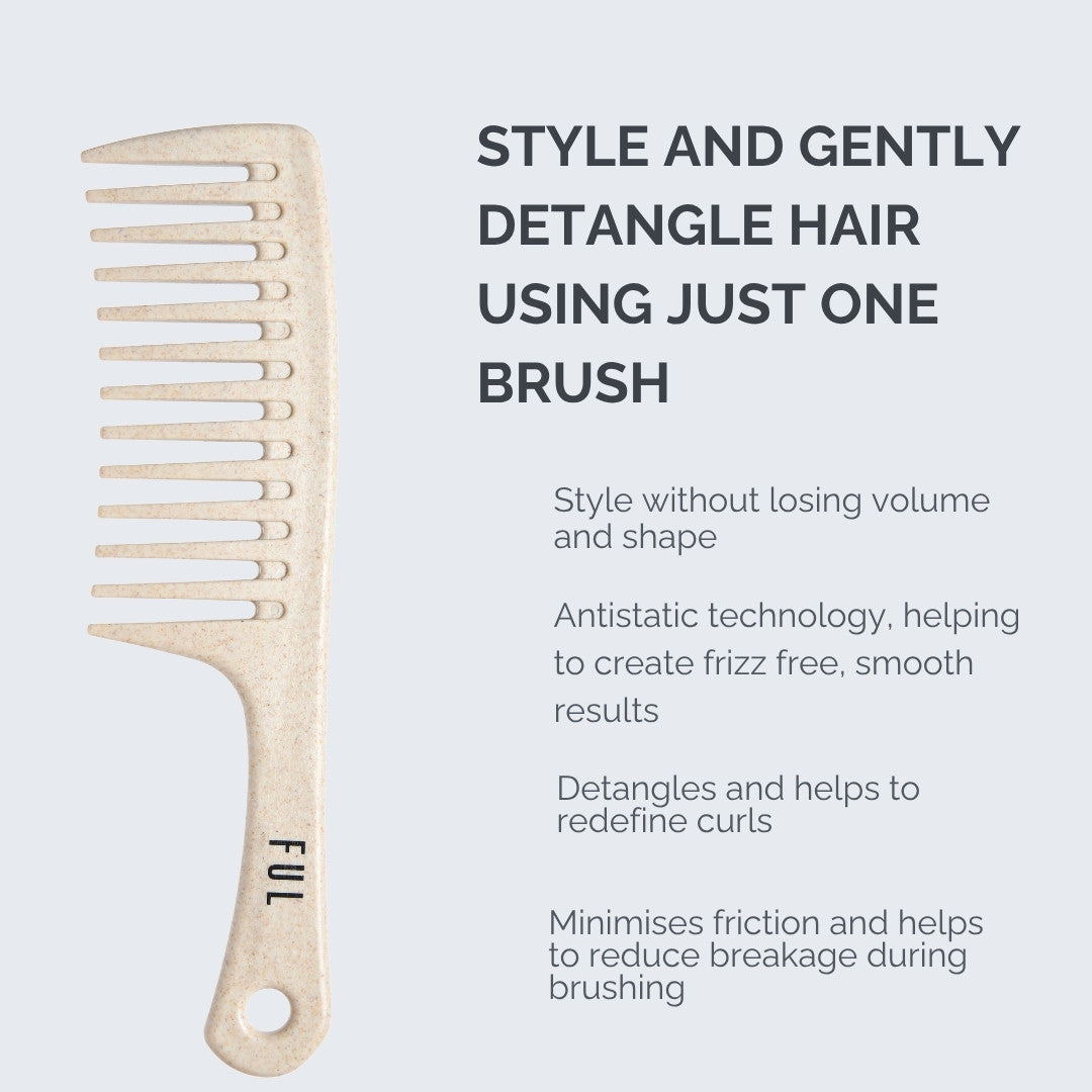 Wooden comb with text on a light gray background