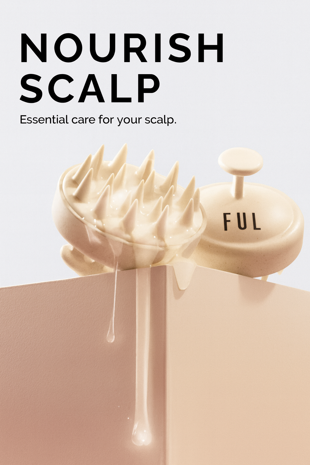 Scalp massager with cream on a light background, labeled 'FUL'.