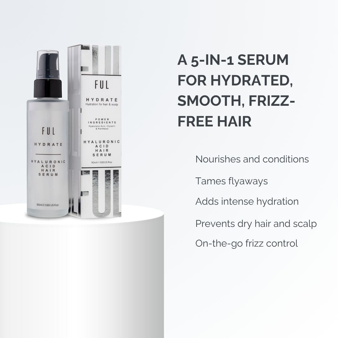 FUL Hyaluronic Acid Hair Serum with packaging on a white background