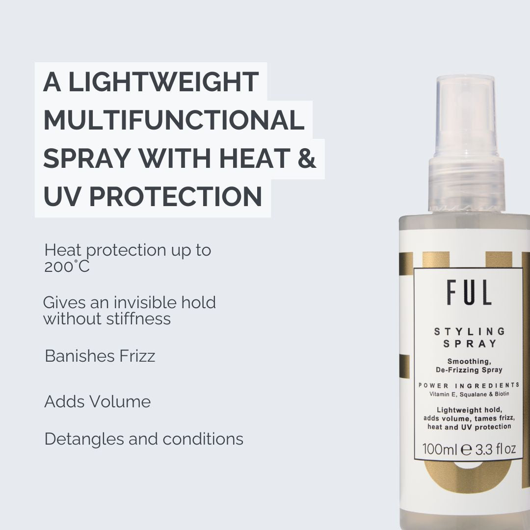 Ful styling spray bottle with product features on a light gray background