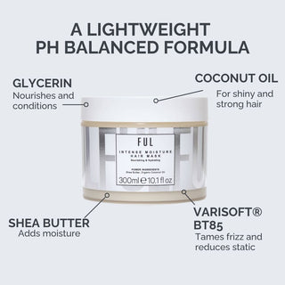 Ful hair mask jar with labeled ingredients on a white background