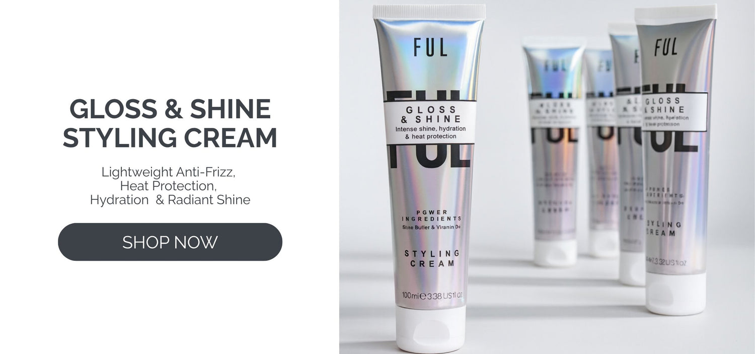 Ful Gloss & Shine Styling Cream bottles on a white background with 'Shop Now' button.