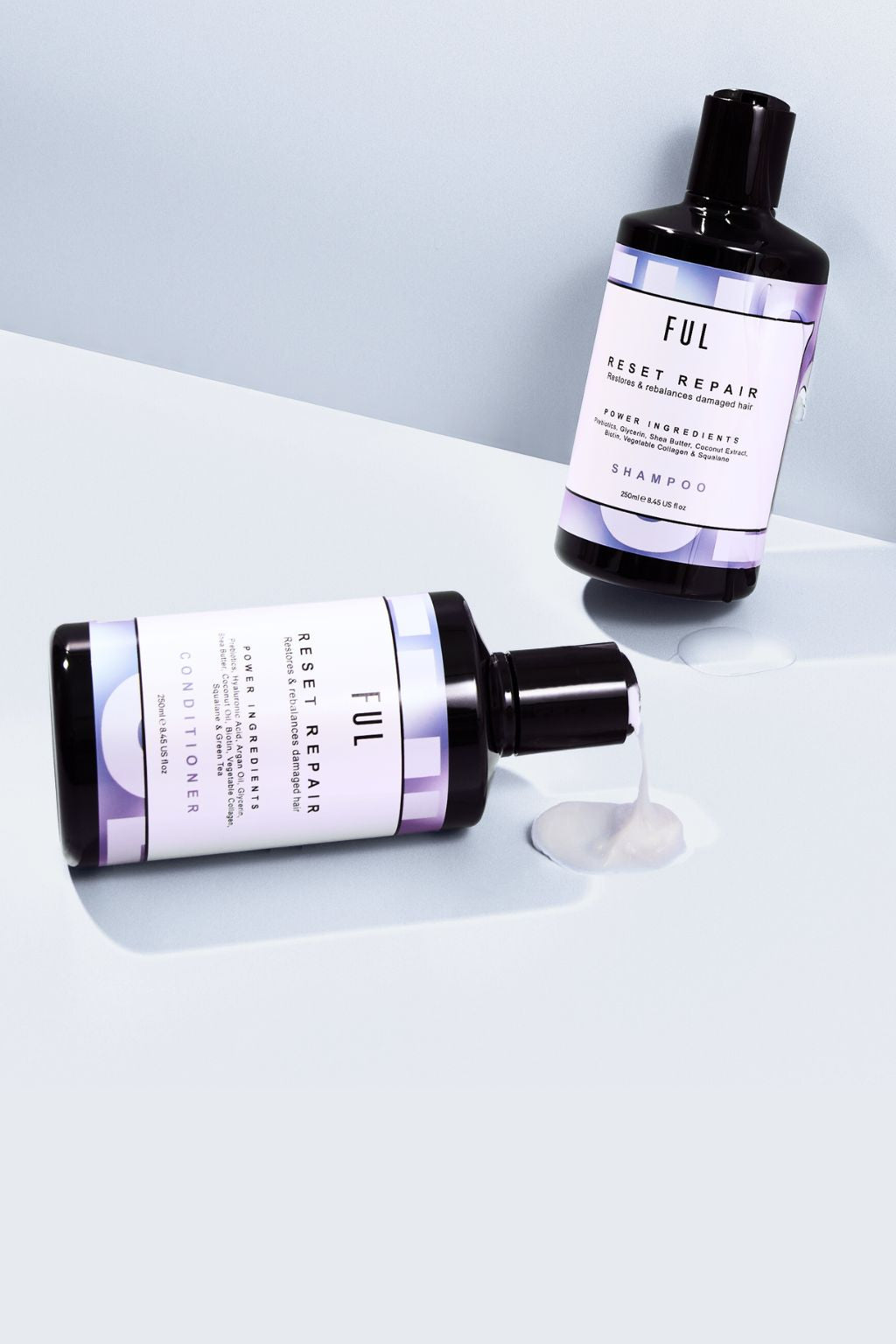 Two bottles of FUL Reset Repair hair care products on a light gray background