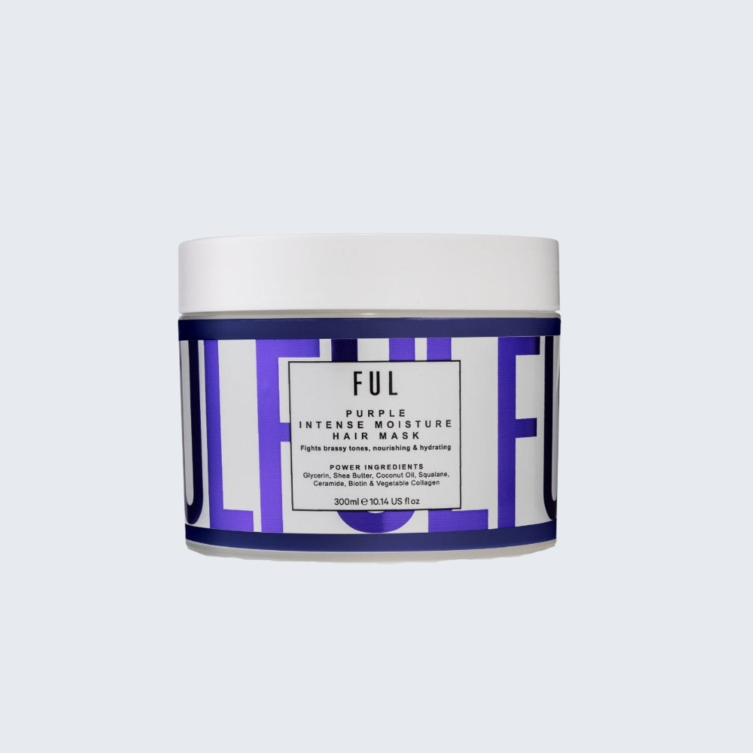 Ful purple hair mask jar on a light gray background