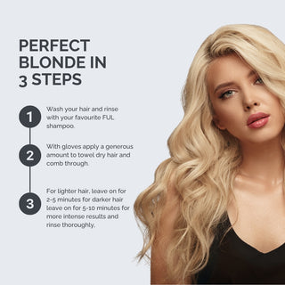 Woman with blonde hair and instructions for achieving perfect blonde hair color.