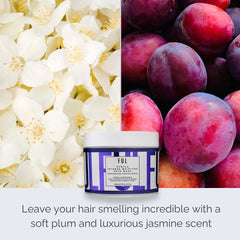 Jar of hair product with flowers and plums on a white background
