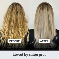 Before and after comparison of hair using a moisture hair mask, labeled 'Loved by salon pros'.