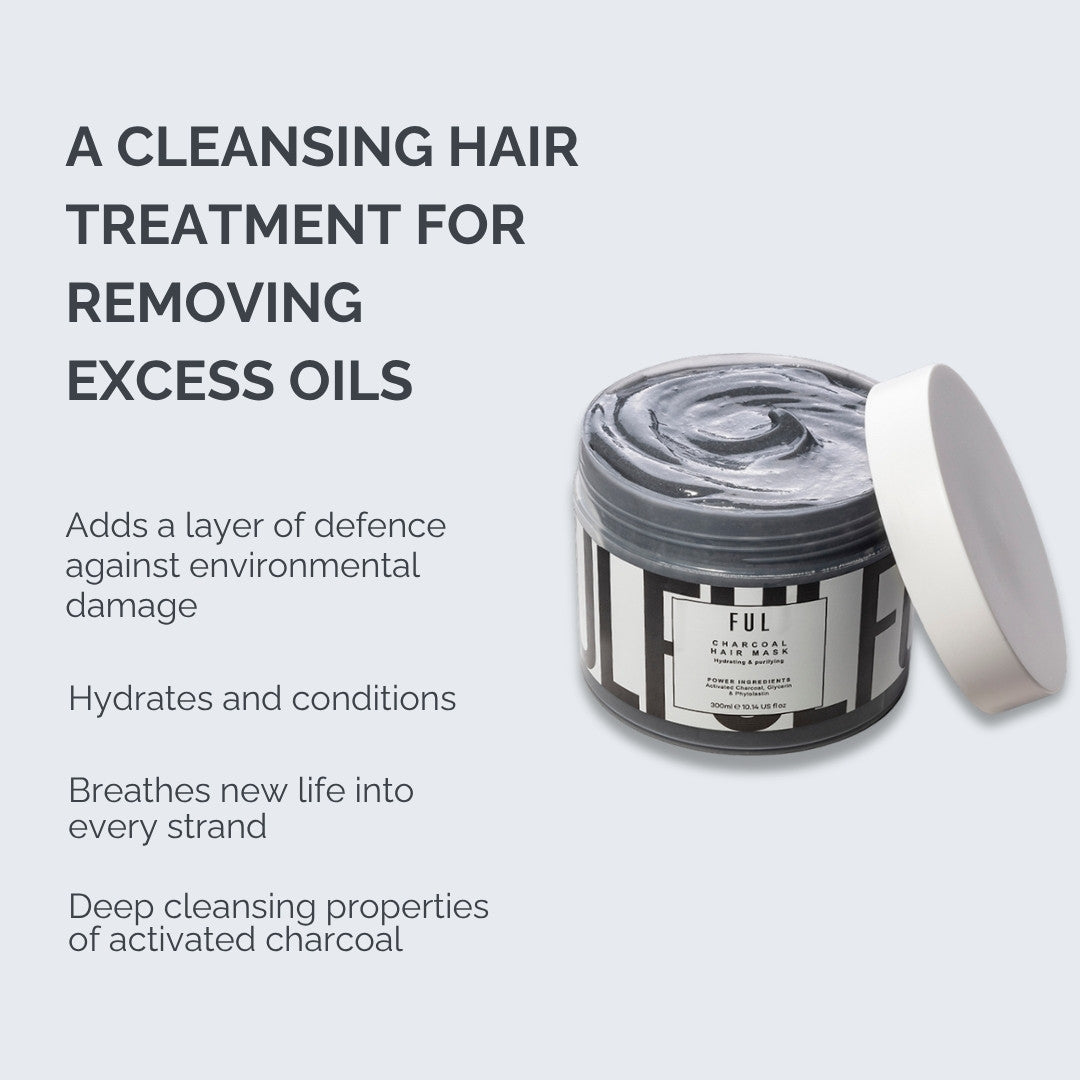 Cleansing hair treatment jar with text on a light gray background