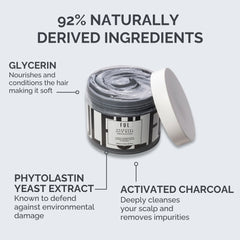 Hair product jar with labeled ingredients on a light gray background