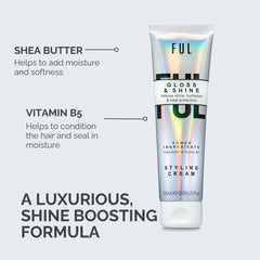 Styling cream tube with text highlighting shea butter and vitamin B5 benefits on a light gray background