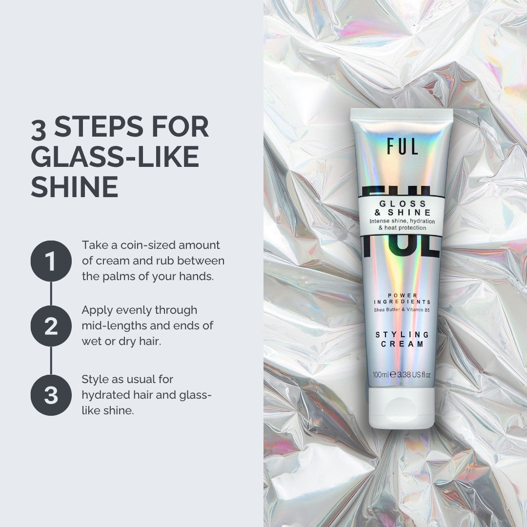 Ful Gloss & Shine styling cream tube with instructions on a reflective background