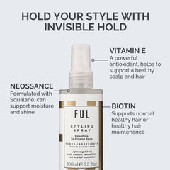 Ful styling spray bottle with product features highlighted on a white background