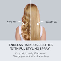 Comparison of curly and straight hair with text about a styling spray.