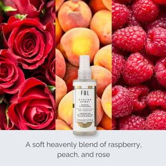 Ful styling spray bottle surrounded by raspberries, peaches, and roses with text describing the fragrance.