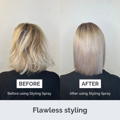 Before and after comparison of hair using a styling spray on a plain background.