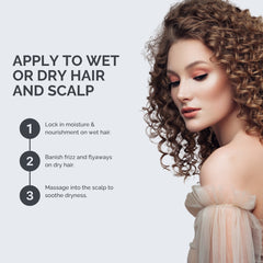 Woman with curly hair and instructions on applying hair product.