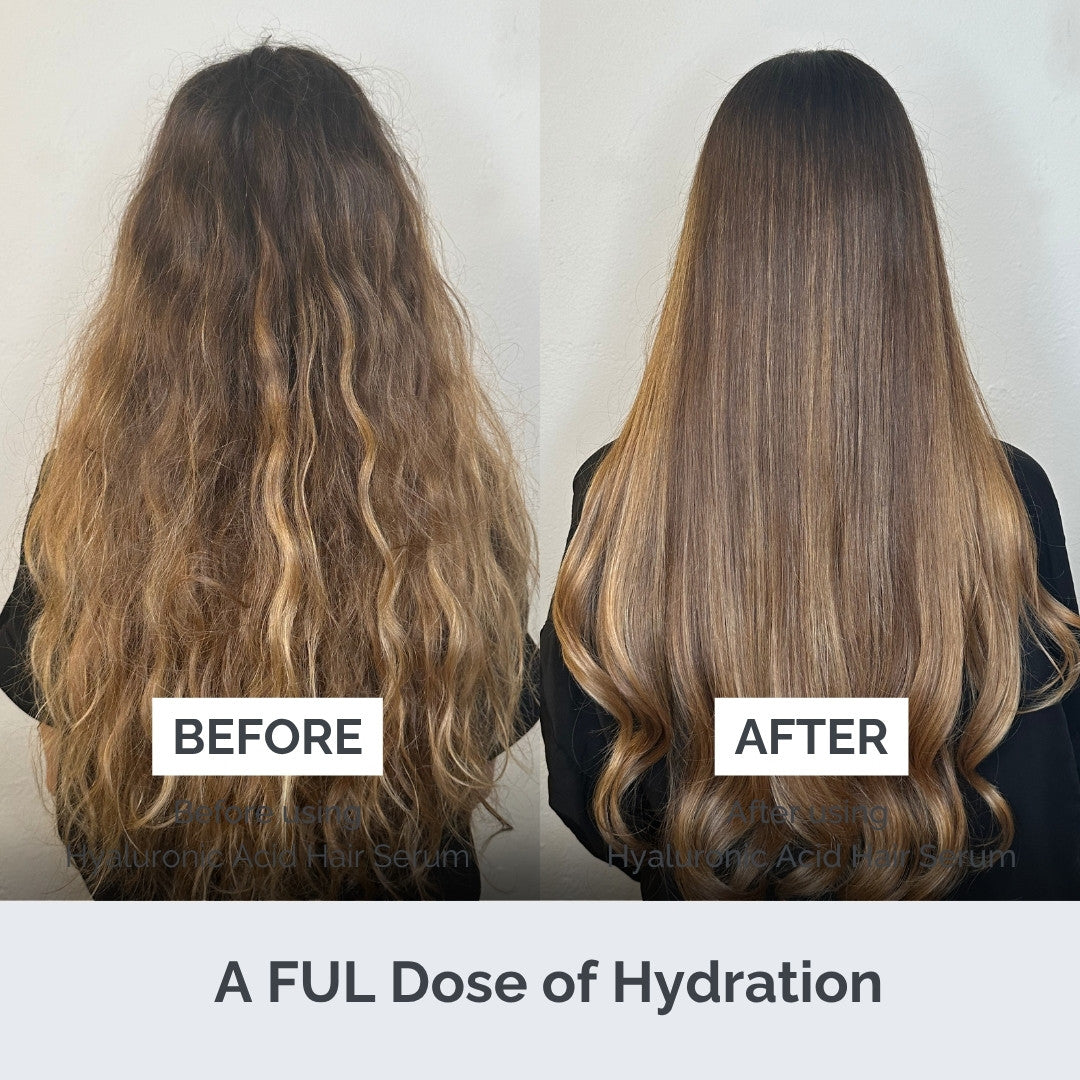 Before and after comparison of hair with hydration treatment on a plain background