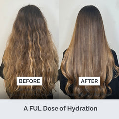 Before and after comparison of hair with hydration treatment on a plain background