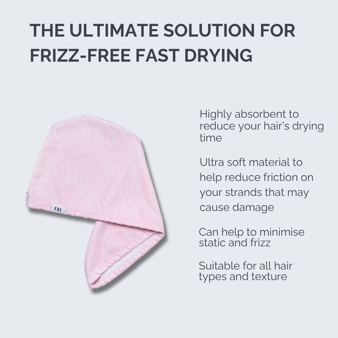 Pink hair drying cap with text about frizz-free fast drying on a light gray background