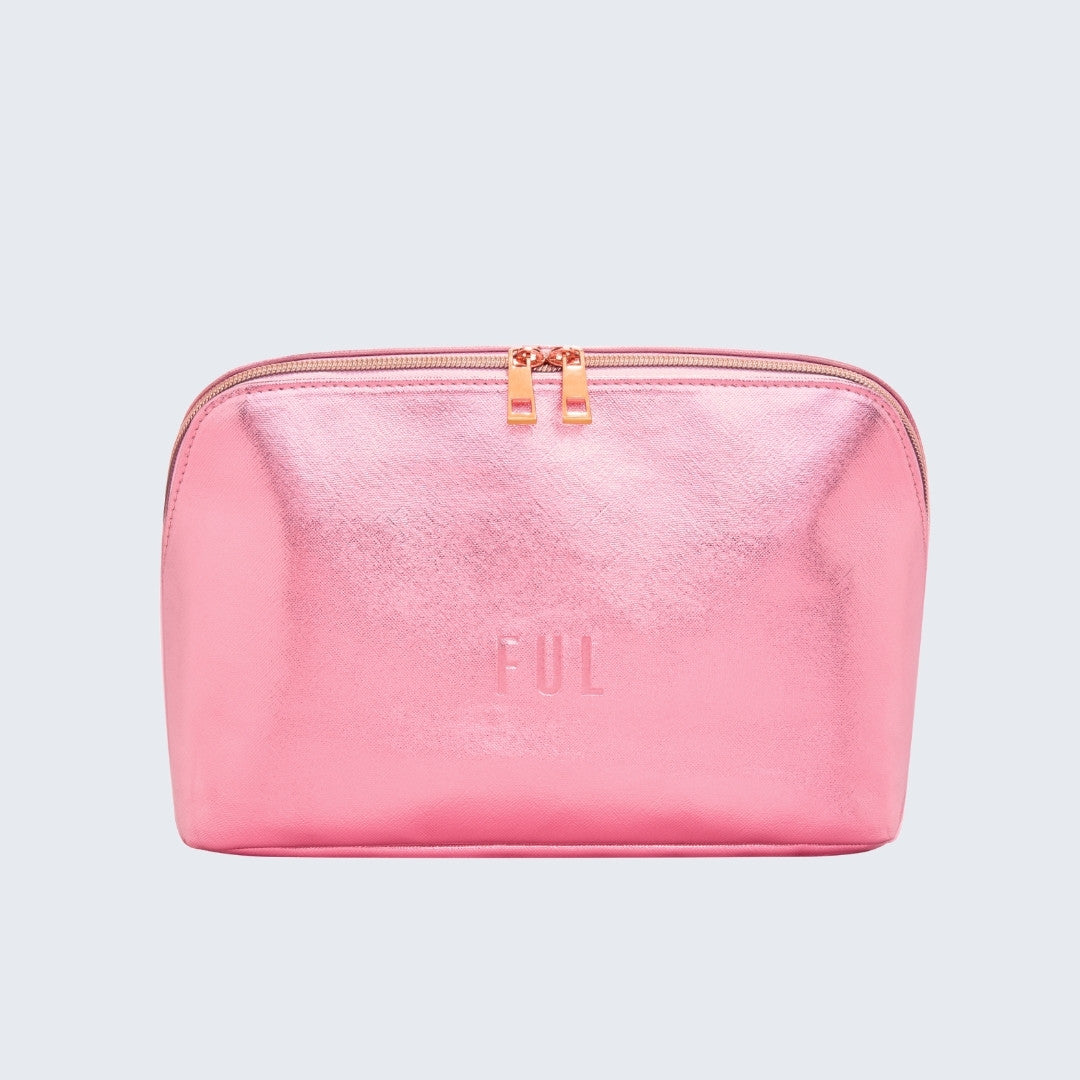 Pink metallic pouch with 'FUL' branding on a light gray background