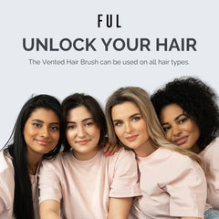 Four women with different hair types posing together, promoting a vented hair brush.