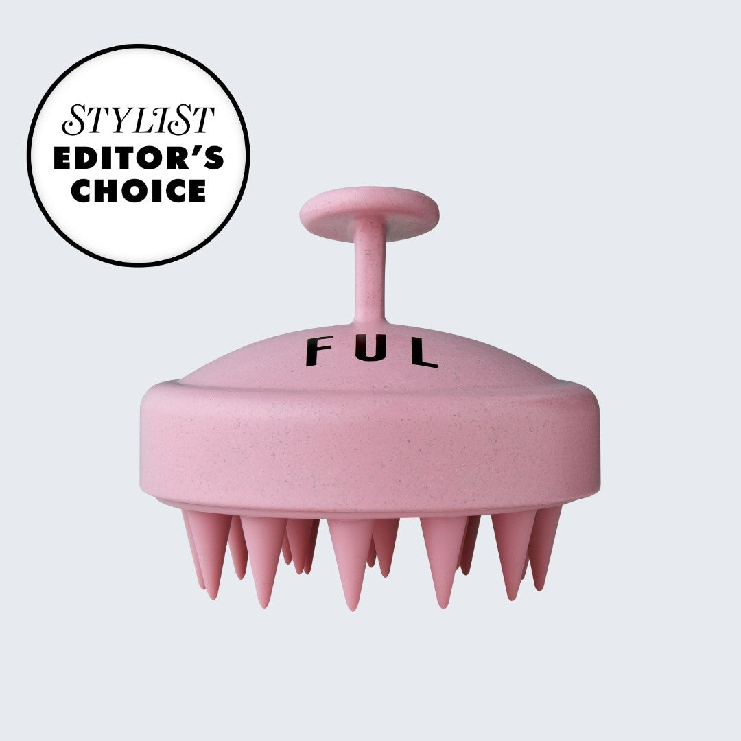 Pink scalp massager with 'FUL' branding on a light gray background, featuring an 'Editor's Choice' badge.