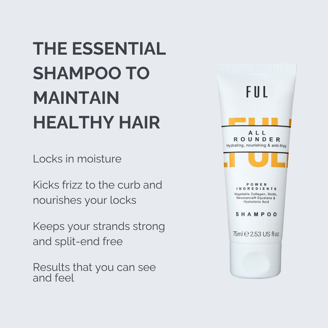 Ful shampoo bottle with text about maintaining healthy hair on a light gray background