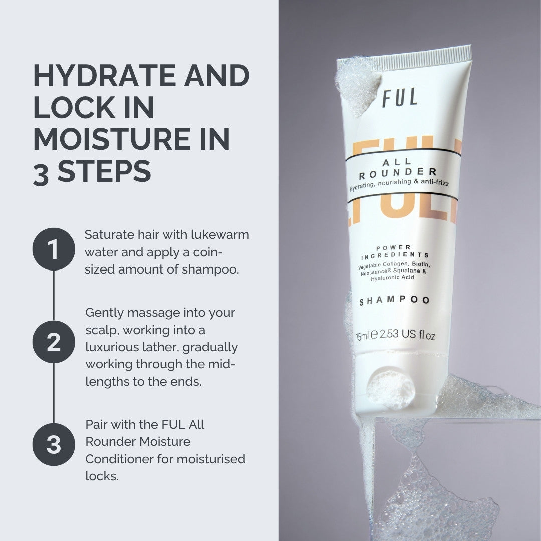 FUL shampoo tube with hydration instructions on a gray background